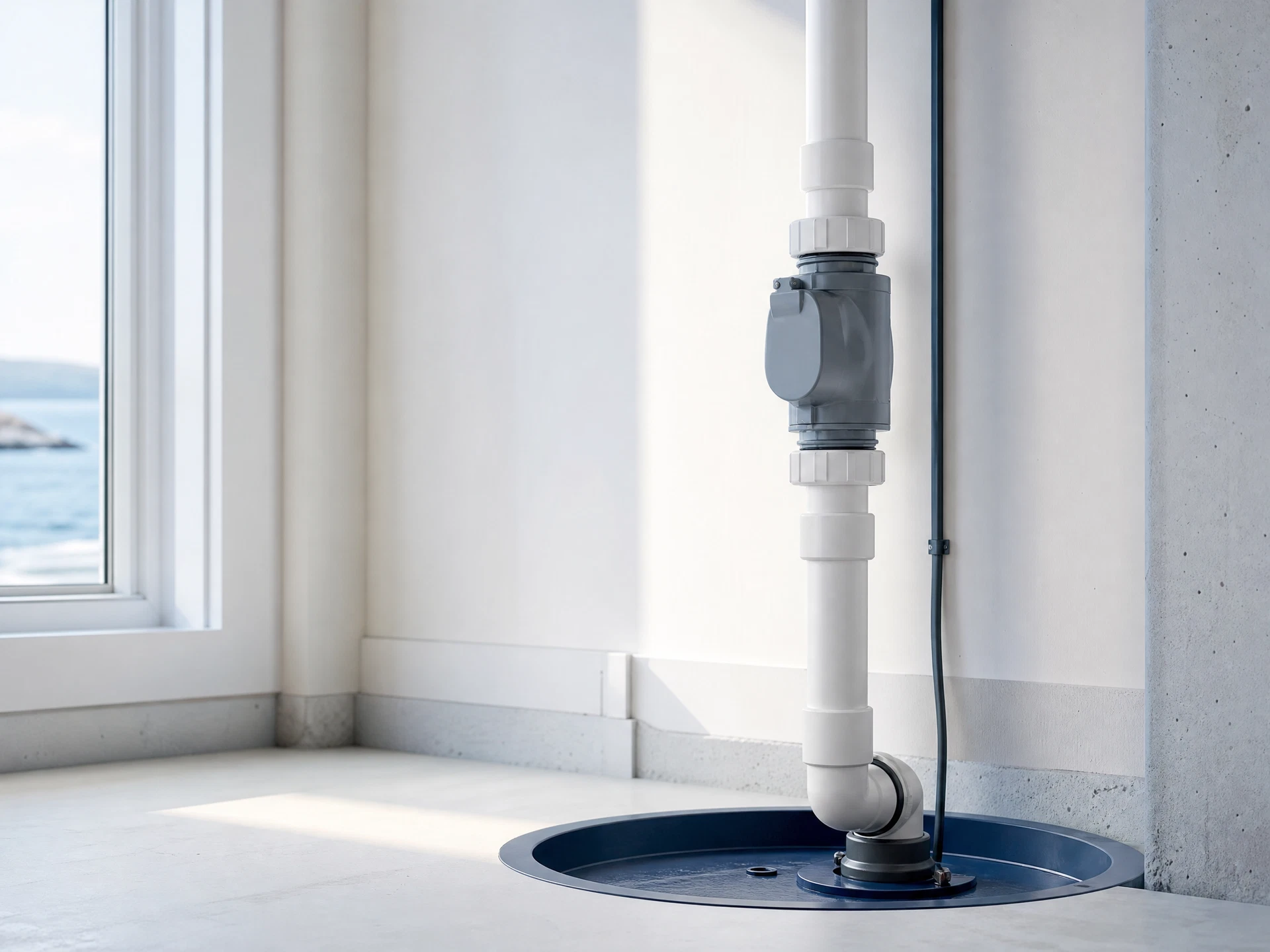 Check valve and clean vertical sump pump piping in a bright basement utility area