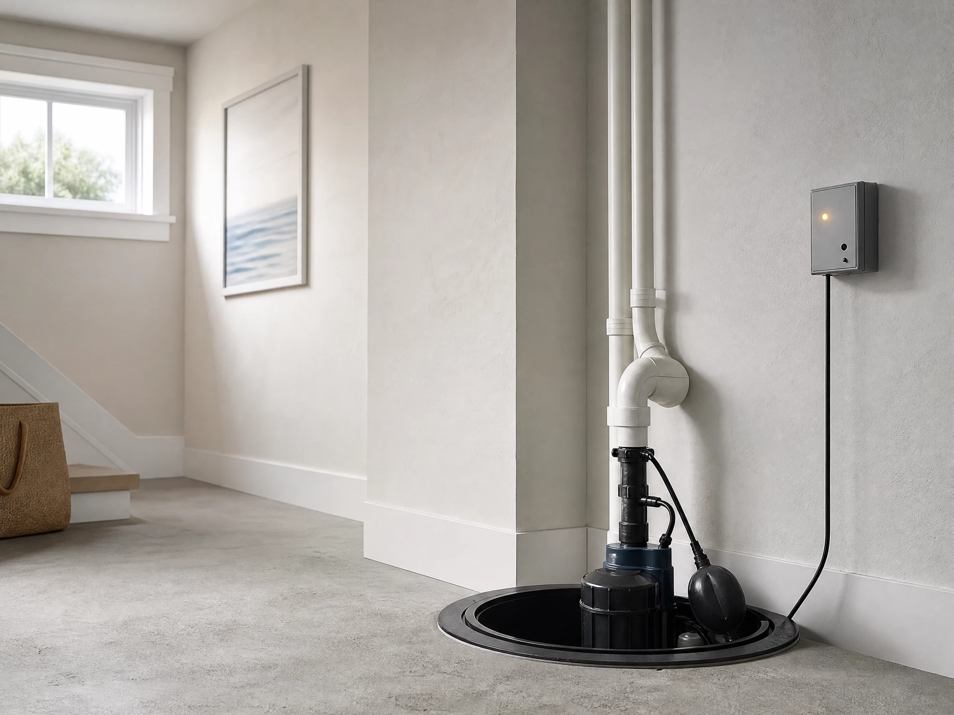 Modern sump pump basin and alarm panel in a clean residential basement