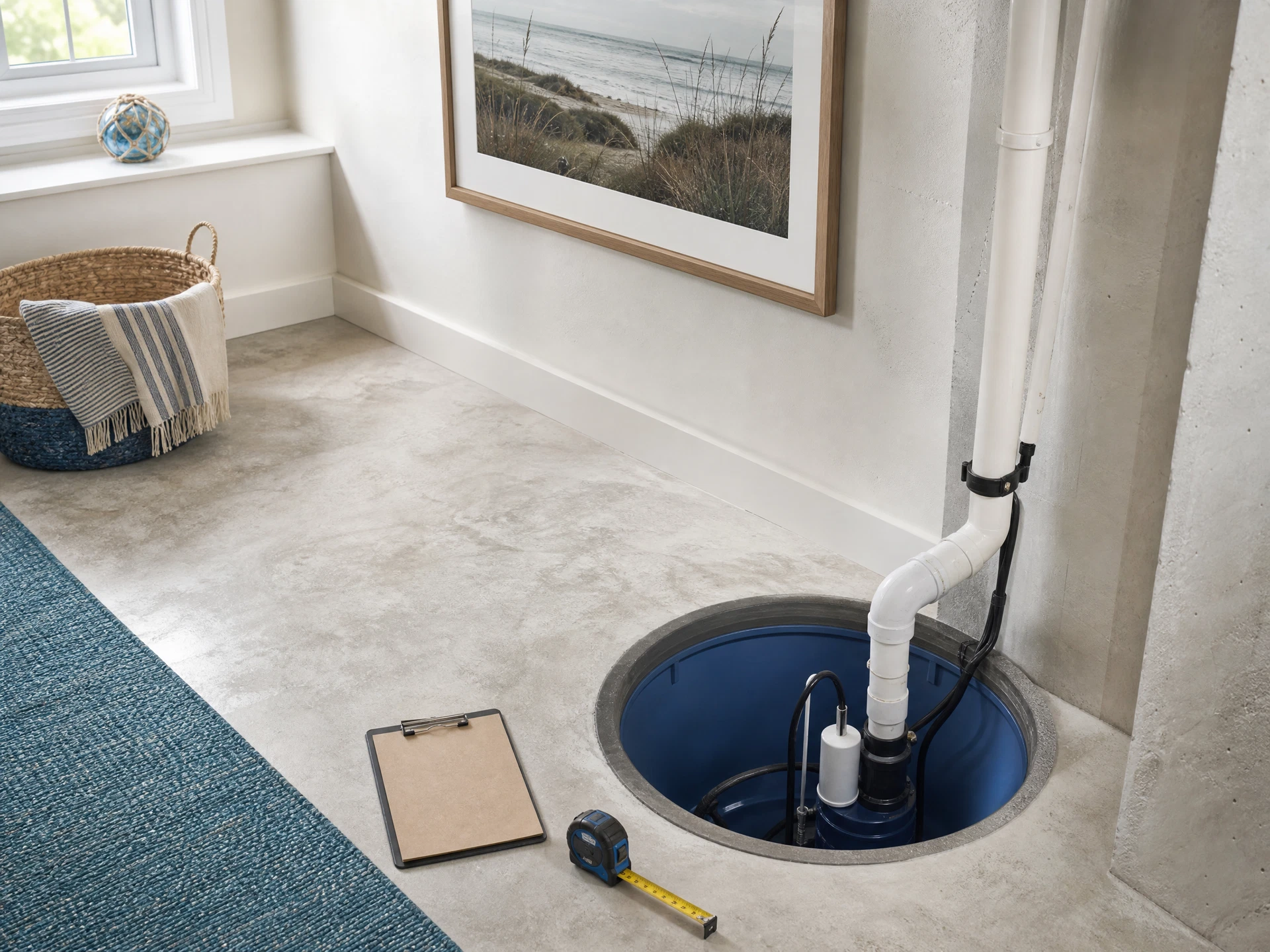 Clean sump pit installation with a tape measure and assessment clipboard