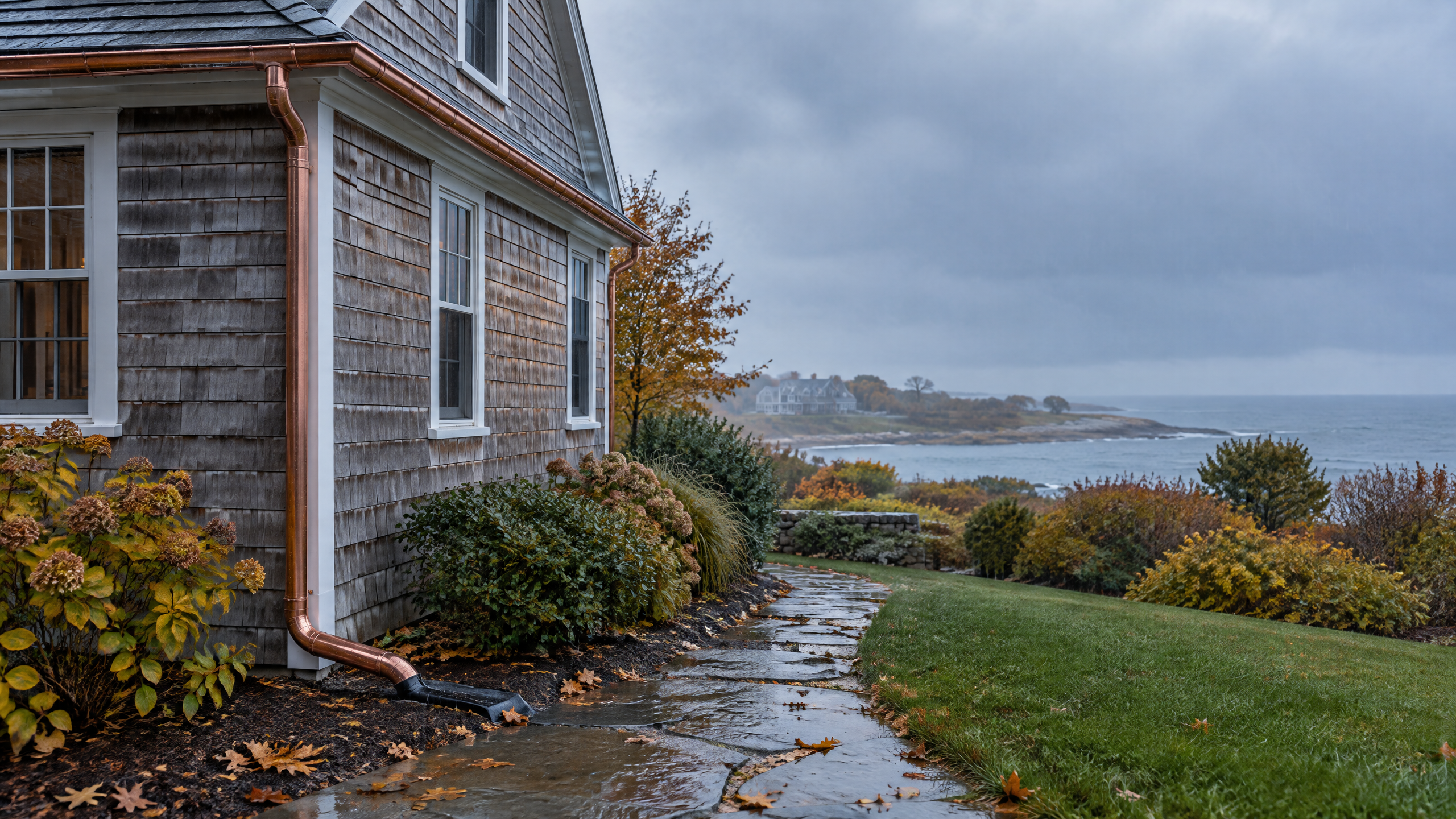 Cape Cod home with clear gutters and downspout directing fall rain away from the foundation