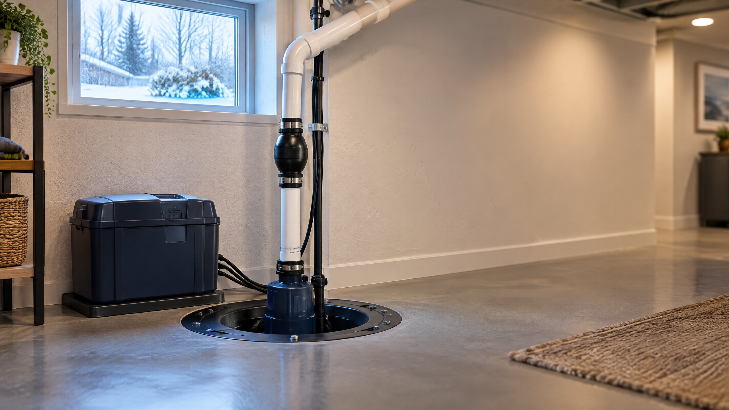 Clean residential sump pump and battery backup in a basement during winter